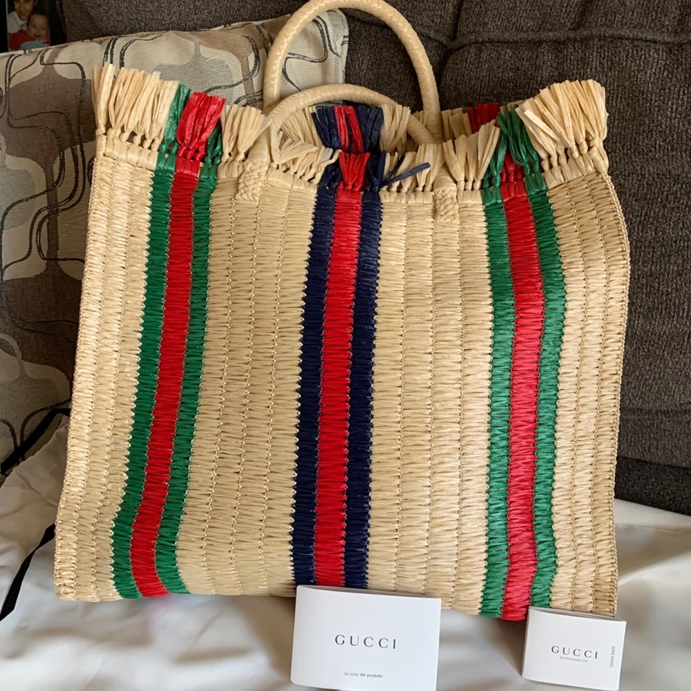 SOLD⛔️Authentic GUCCI STRAW LOGO LATGE TOTE/ REMOVABLE DRAWSTRING LARGE POUCH - Picture 1 of 16